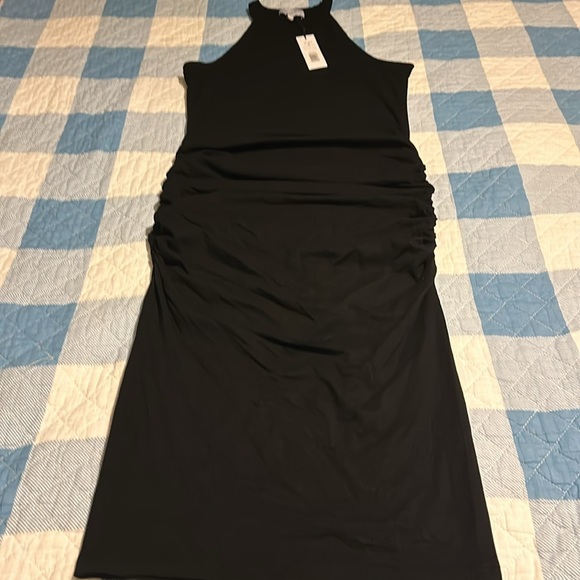 NWT MICHAEL STARS Halter Neck Racerback Ruched Sides Midi Dress Black - Picture 5 of 13